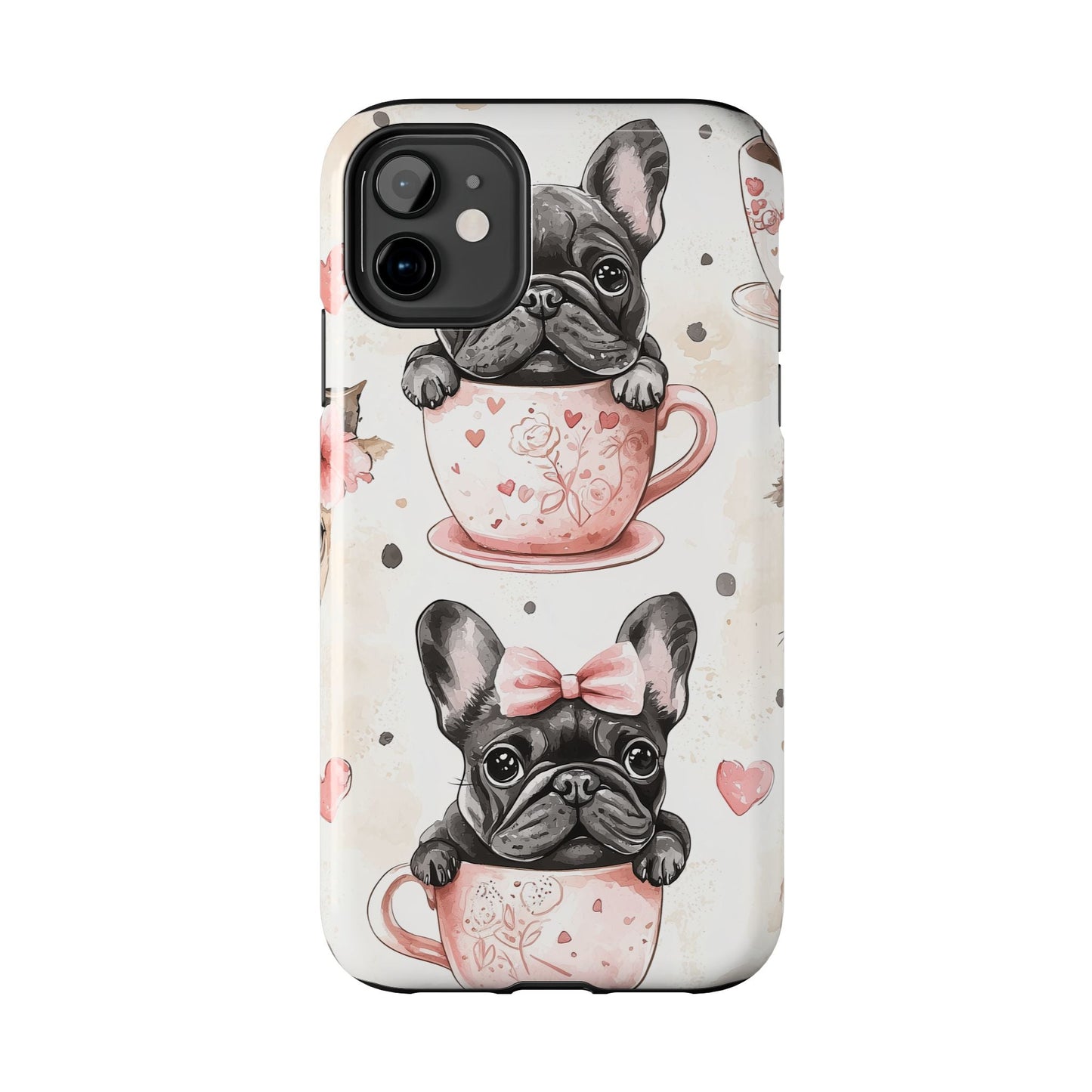 French Bulldogs in Teacups iPhone Case – Cute Dog Design with Hearts & Bows, Shockproof & Slim - BOGO Cases