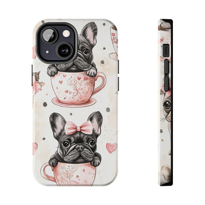 French Bulldogs in Teacups iPhone Case – Cute Dog Design with Hearts & Bows, Shockproof & Slim - BOGO Cases