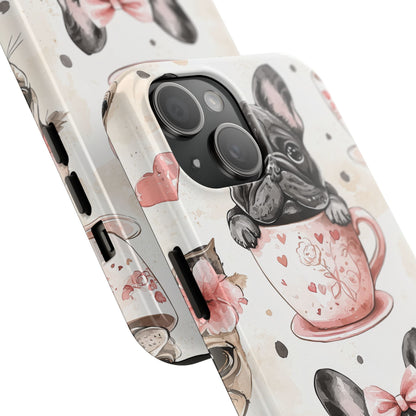 French Bulldogs in Teacups iPhone Case – Cute Dog Design with Hearts & Bows, Shockproof & Slim - BOGO Cases