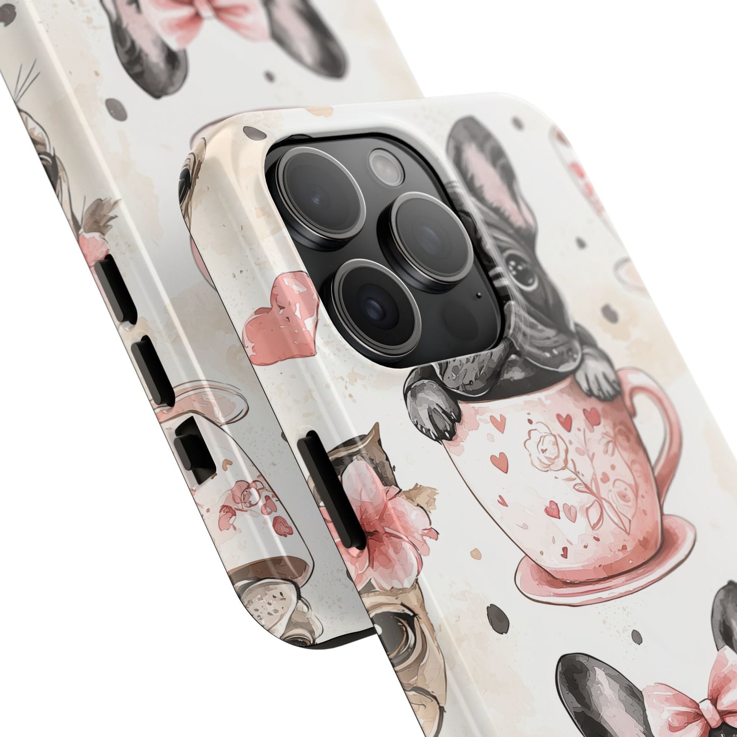 French Bulldogs in Teacups iPhone Case – Cute Dog Design with Hearts & Bows, Shockproof & Slim - BOGO Cases