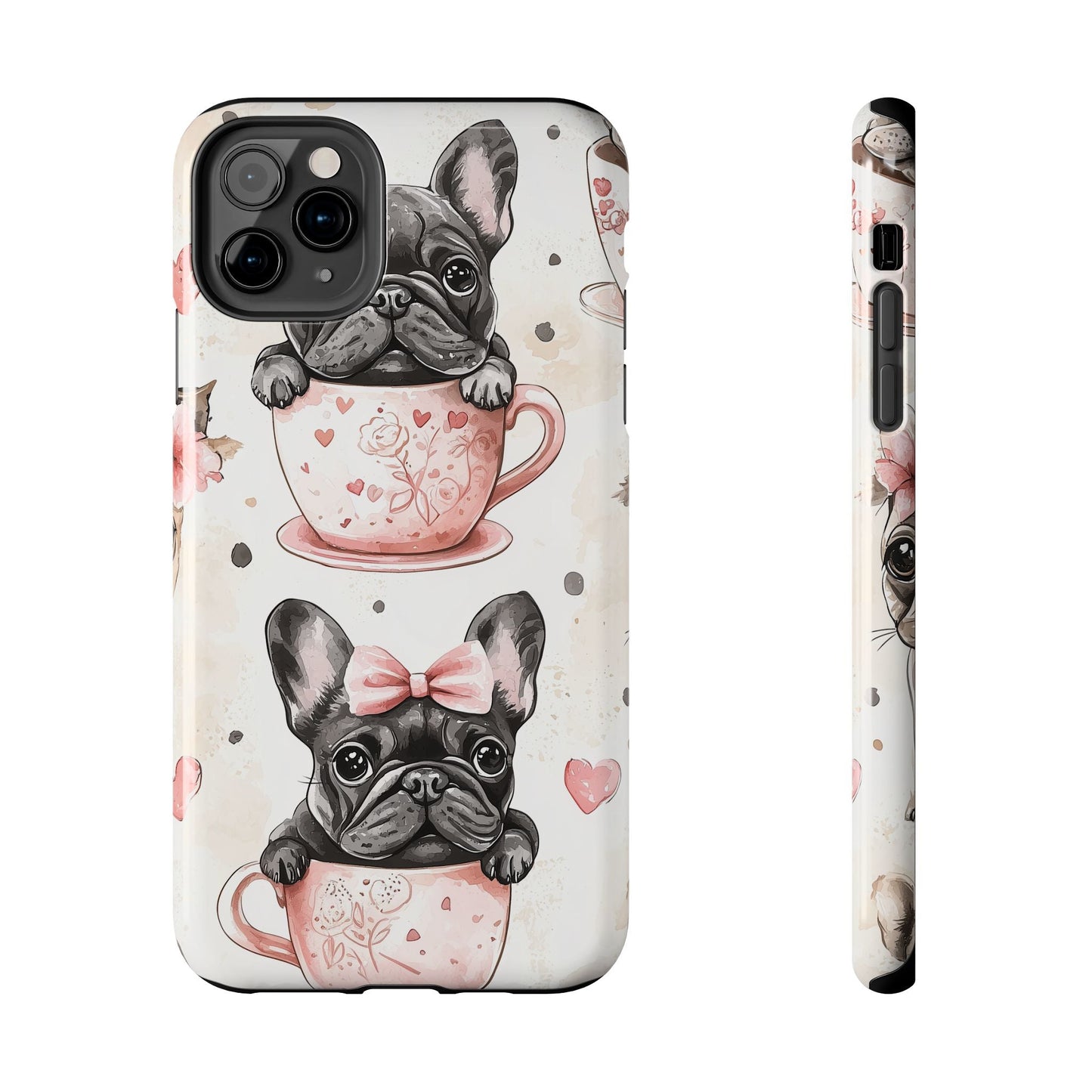 French Bulldogs in Teacups iPhone Case – Cute Dog Design with Hearts & Bows, Shockproof & Slim - BOGO Cases