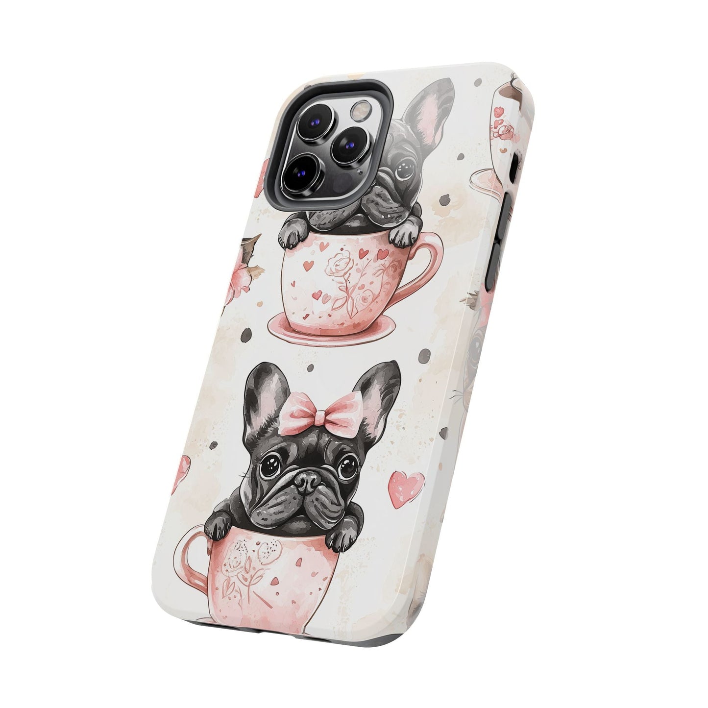 French Bulldogs in Teacups iPhone Case – Cute Dog Design with Hearts & Bows, Shockproof & Slim - BOGO Cases