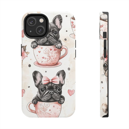 French Bulldogs in Teacups iPhone Case – Cute Dog Design with Hearts & Bows, Shockproof & Slim - BOGO Cases