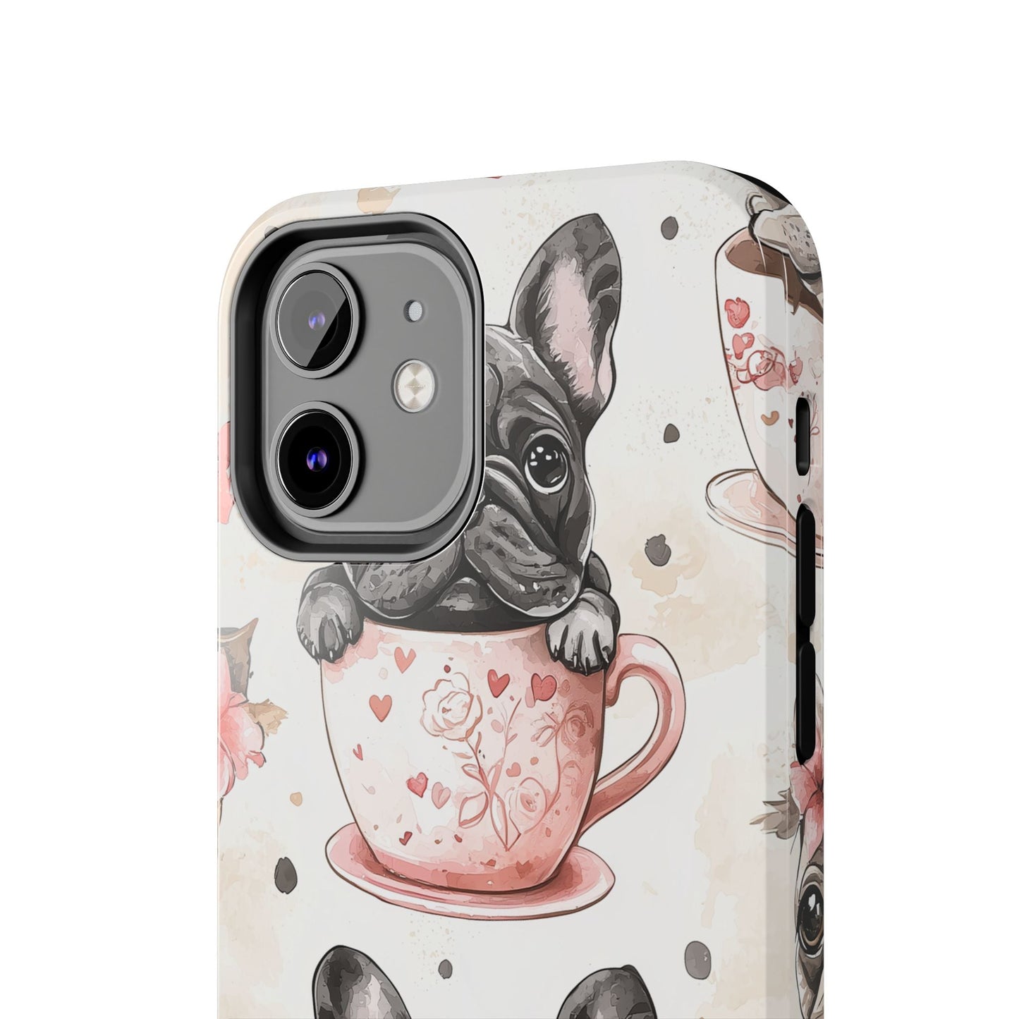 French Bulldogs in Teacups iPhone Case – Cute Dog Design with Hearts & Bows, Shockproof & Slim - BOGO Cases