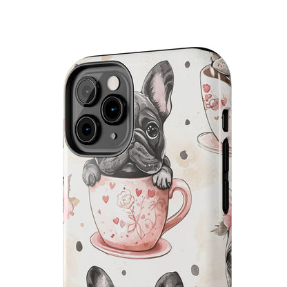 French Bulldogs in Teacups iPhone Case – Cute Dog Design with Hearts & Bows, Shockproof & Slim - BOGO Cases