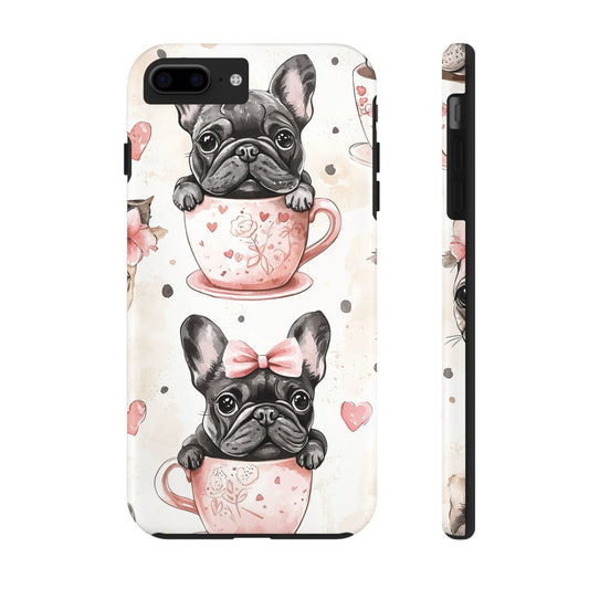 French Bulldogs in Teacups iPhone Case – Cute Dog Design with Hearts & Bows, Shockproof & Slim - BOGO Cases