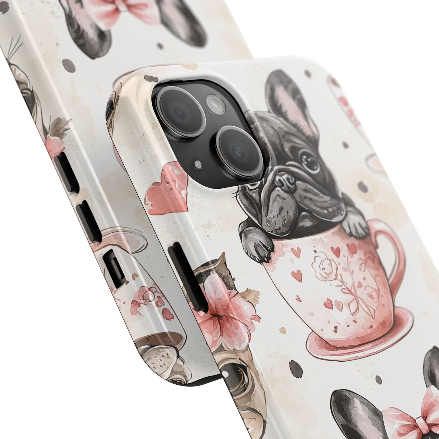 French Bulldogs in Teacups iPhone Case – Cute Dog Design with Hearts & Bows, Shockproof & Slim - BOGO Cases