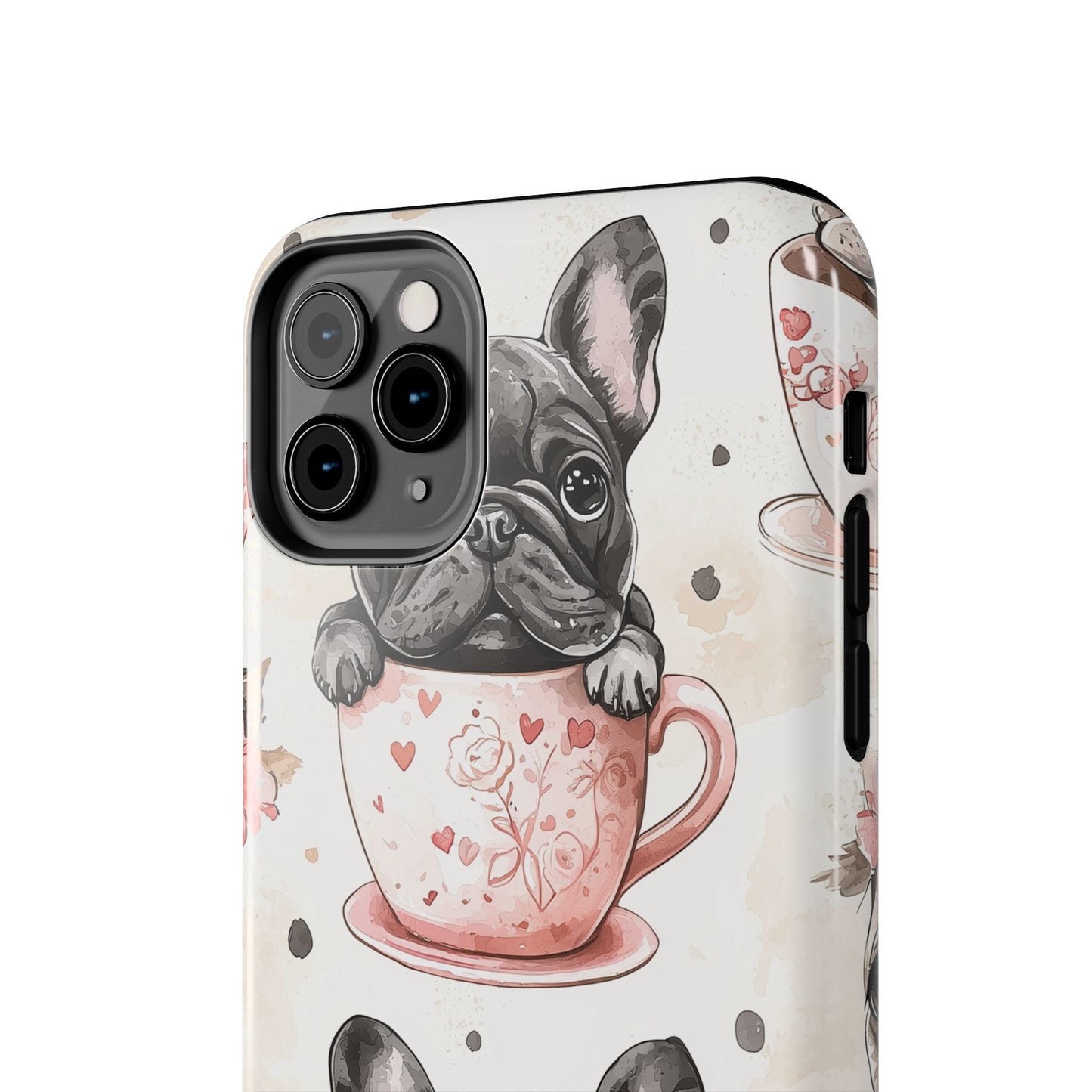 French Bulldogs in Teacups iPhone Case – Cute Dog Design with Hearts & Bows, Shockproof & Slim - BOGO Cases