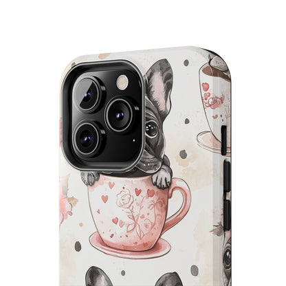 French Bulldogs in Teacups iPhone Case – Cute Dog Design with Hearts & Bows, Shockproof & Slim - BOGO Cases