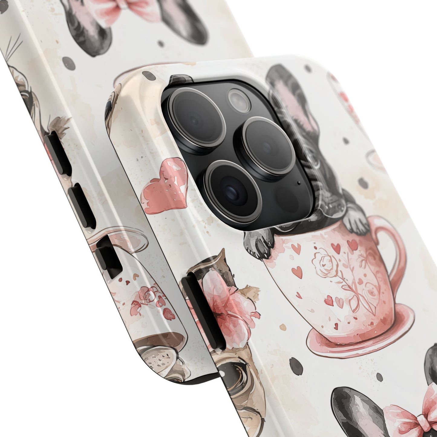 French Bulldogs in Teacups iPhone Case – Cute Dog Design with Hearts & Bows, Shockproof & Slim - BOGO Cases