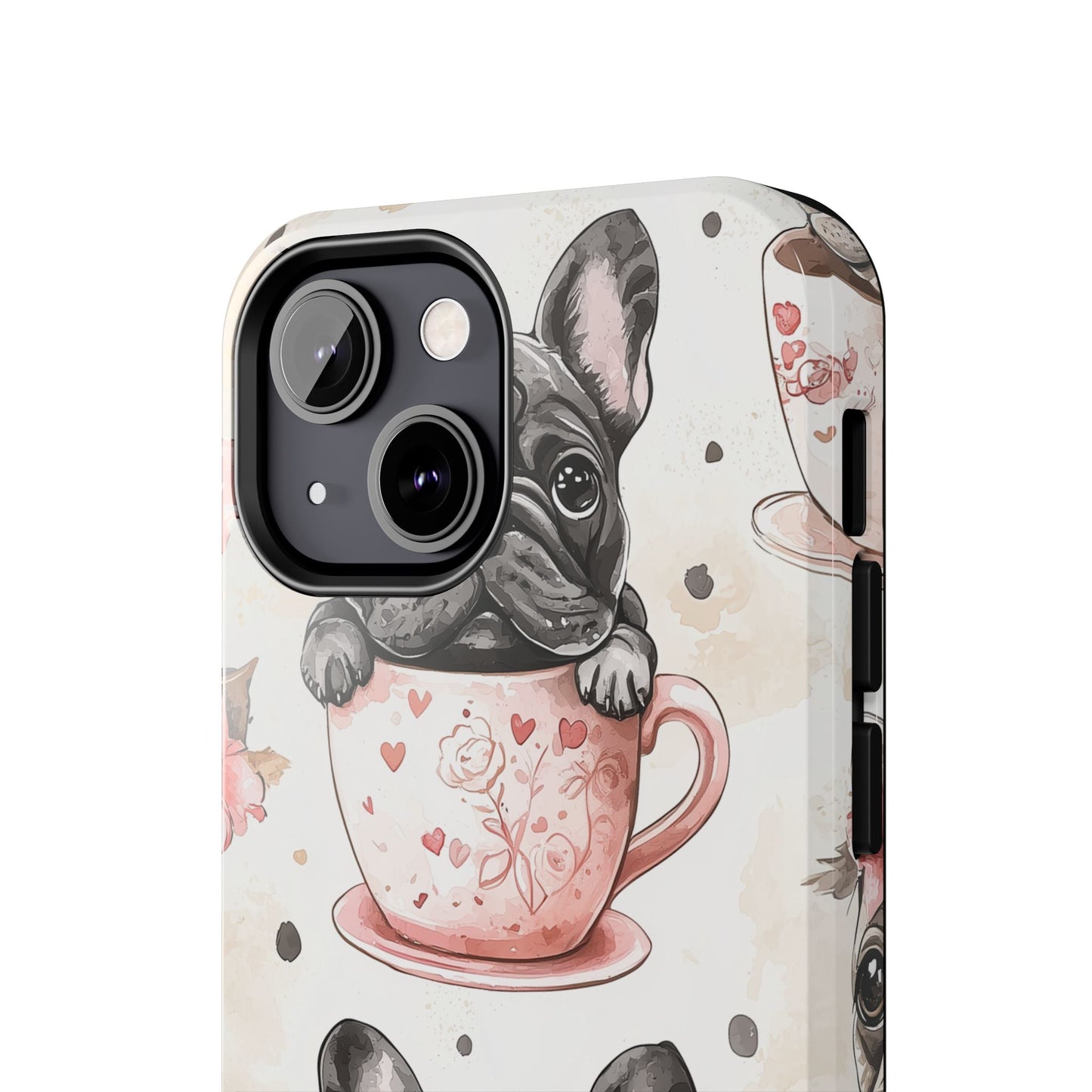 French Bulldogs in Teacups iPhone Case – Cute Dog Design with Hearts & Bows, Shockproof & Slim - BOGO Cases