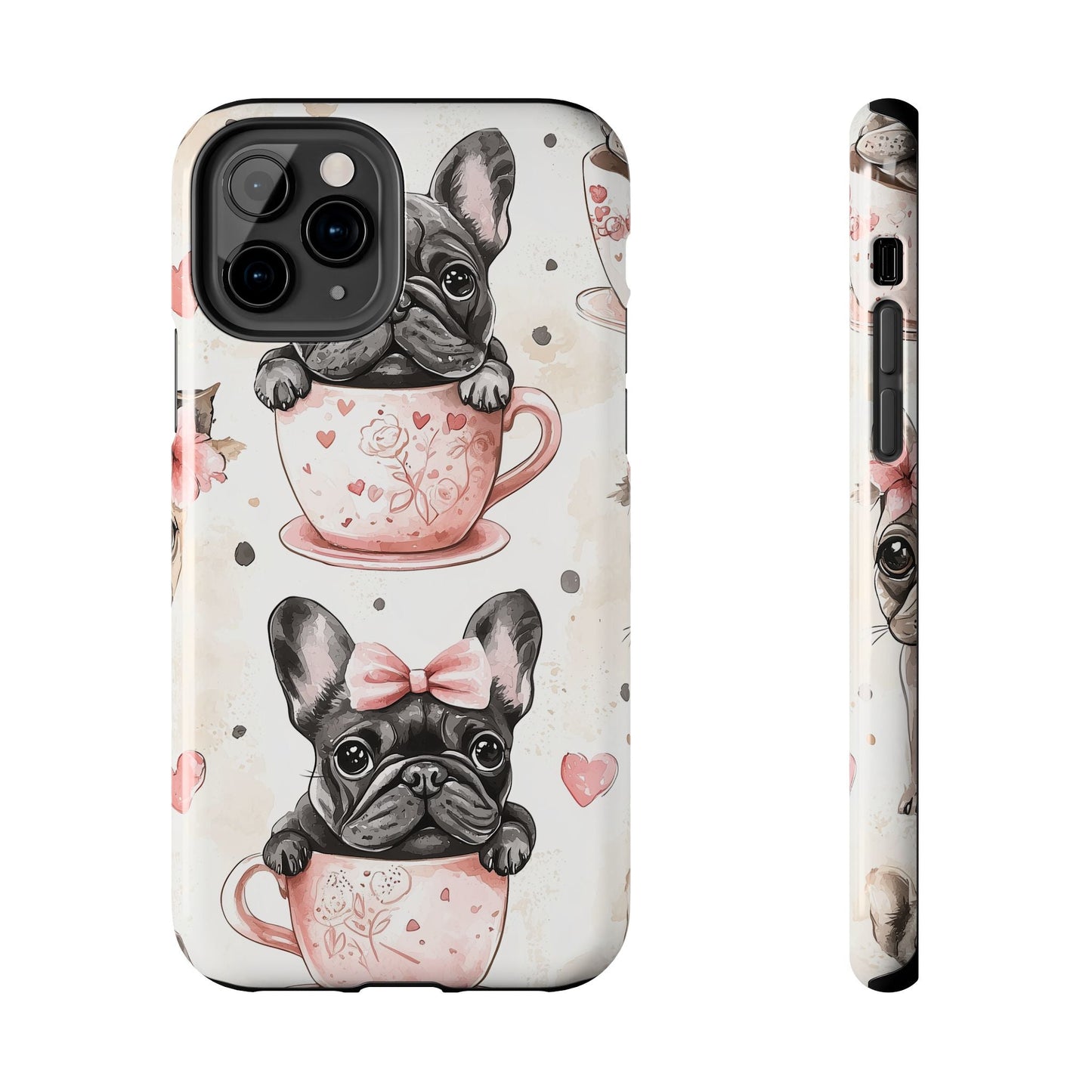 French Bulldogs in Teacups iPhone Case – Cute Dog Design with Hearts & Bows, Shockproof & Slim - BOGO Cases