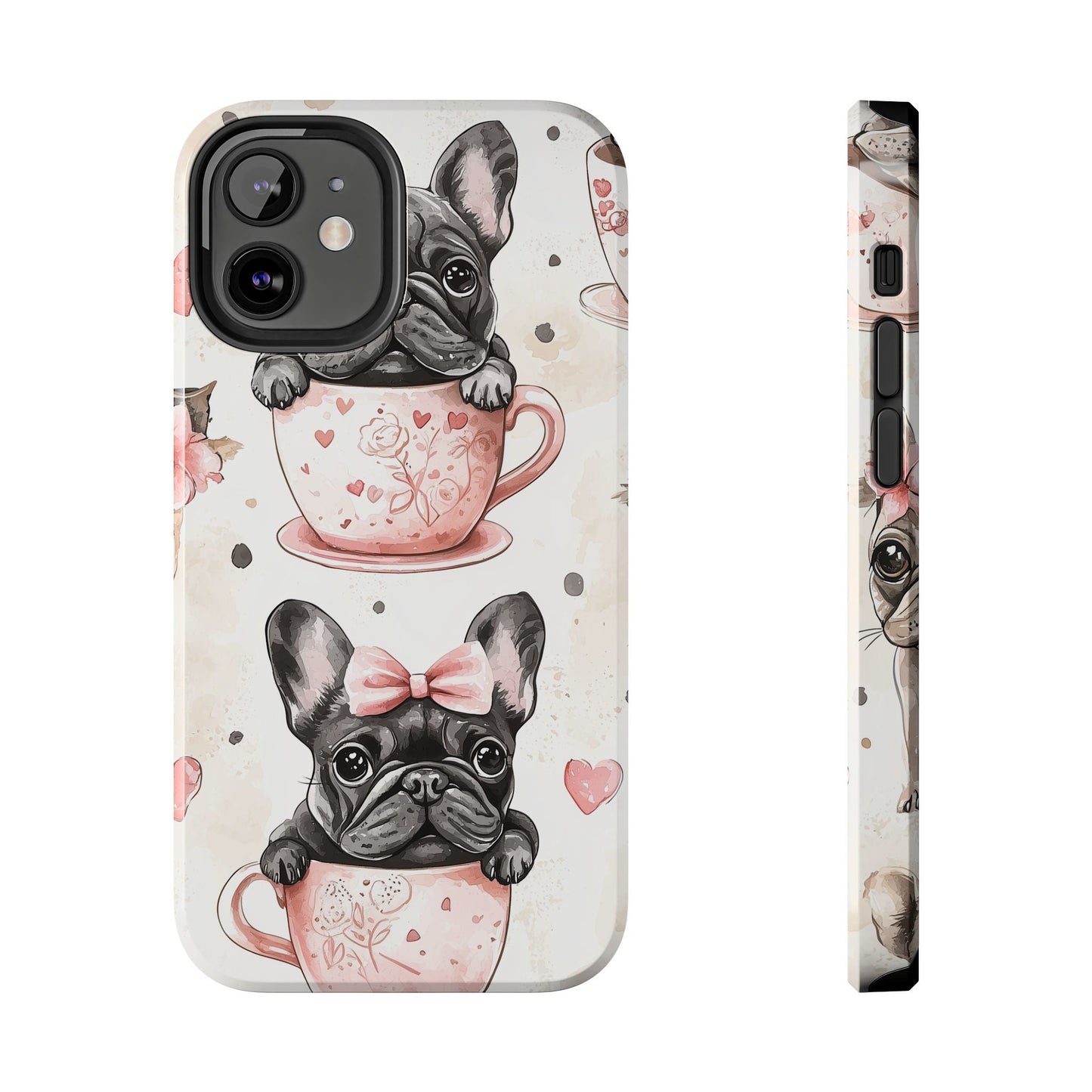 French Bulldogs in Teacups iPhone Case – Cute Dog Design with Hearts & Bows, Shockproof & Slim - BOGO Cases