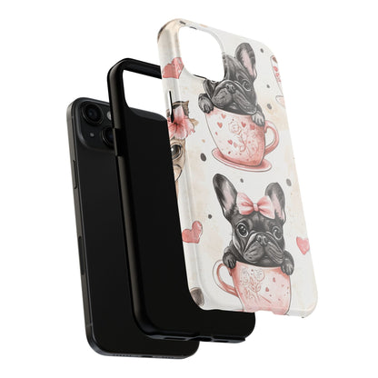 French Bulldogs in Teacups iPhone Case – Cute Dog Design with Hearts & Bows, Shockproof & Slim - BOGO Cases