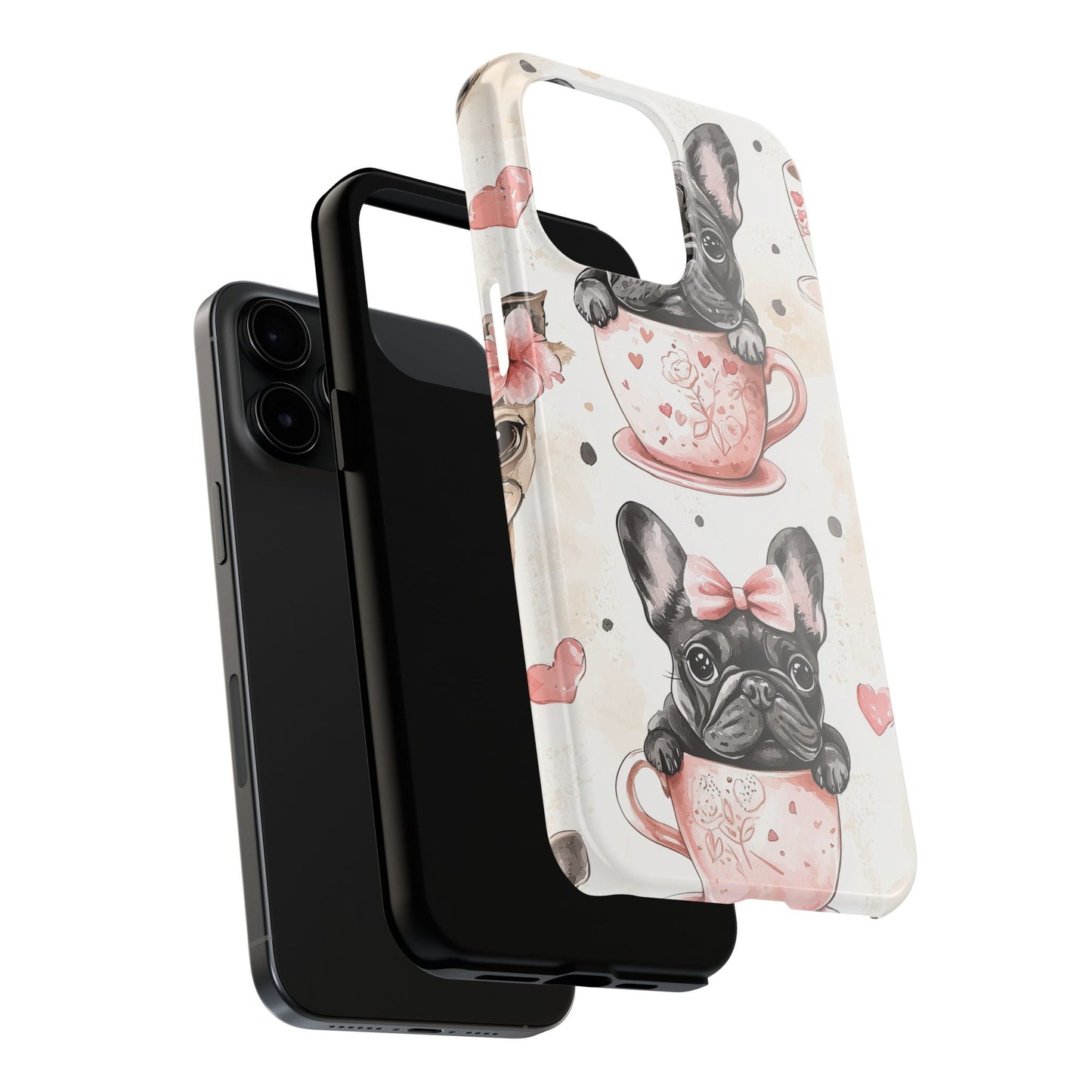 French Bulldogs in Teacups iPhone Case – Cute Dog Design with Hearts & Bows, Shockproof & Slim - BOGO Cases