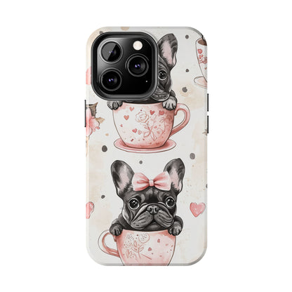 French Bulldogs in Teacups iPhone Case – Cute Dog Design with Hearts & Bows, Shockproof & Slim - BOGO Cases