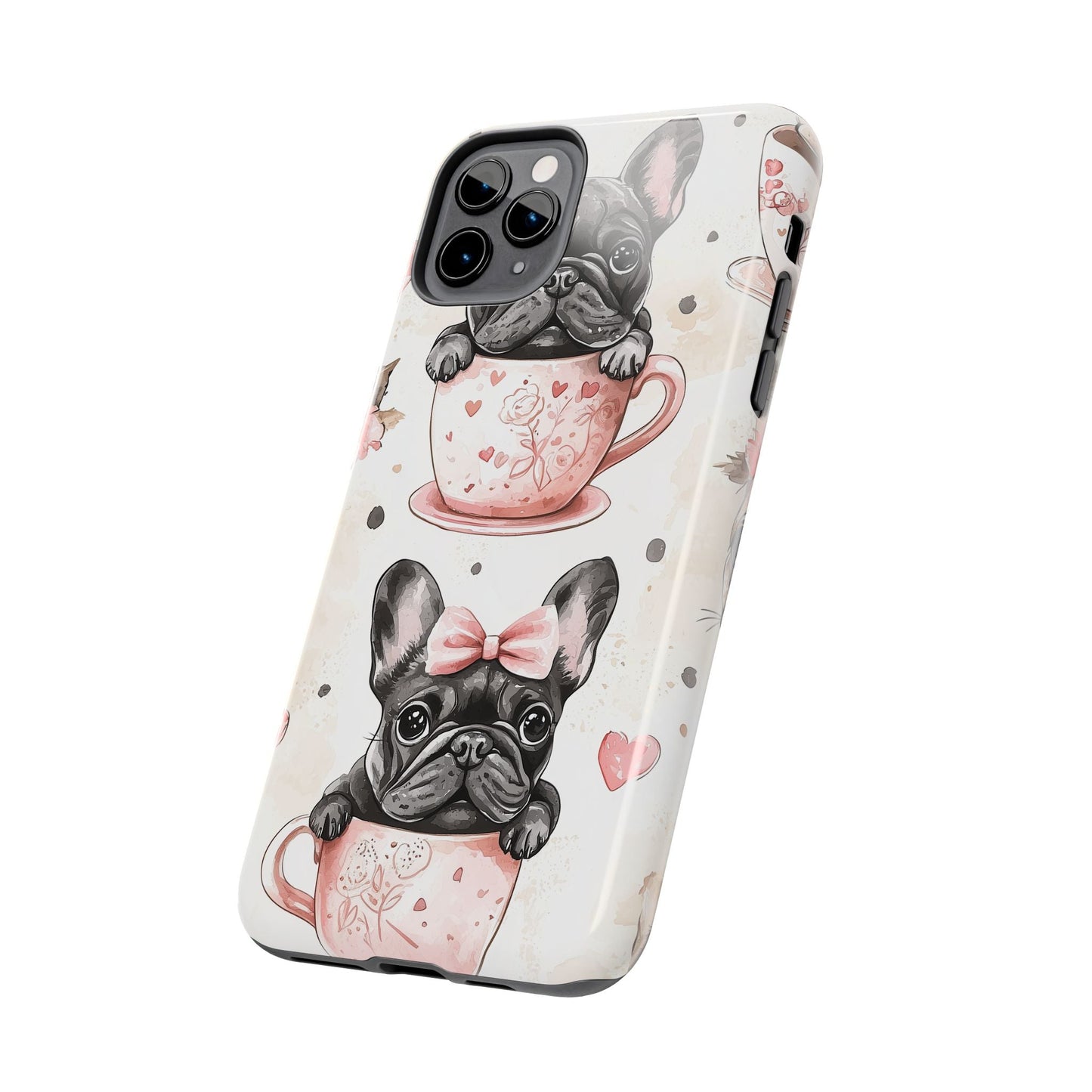 French Bulldogs in Teacups iPhone Case – Cute Dog Design with Hearts & Bows, Shockproof & Slim - BOGO Cases