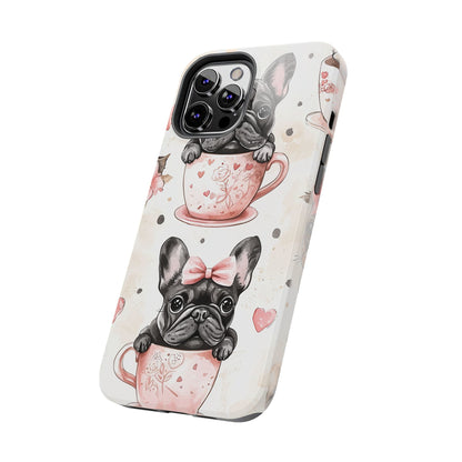 French Bulldogs in Teacups iPhone Case – Cute Dog Design with Hearts & Bows, Shockproof & Slim - BOGO Cases