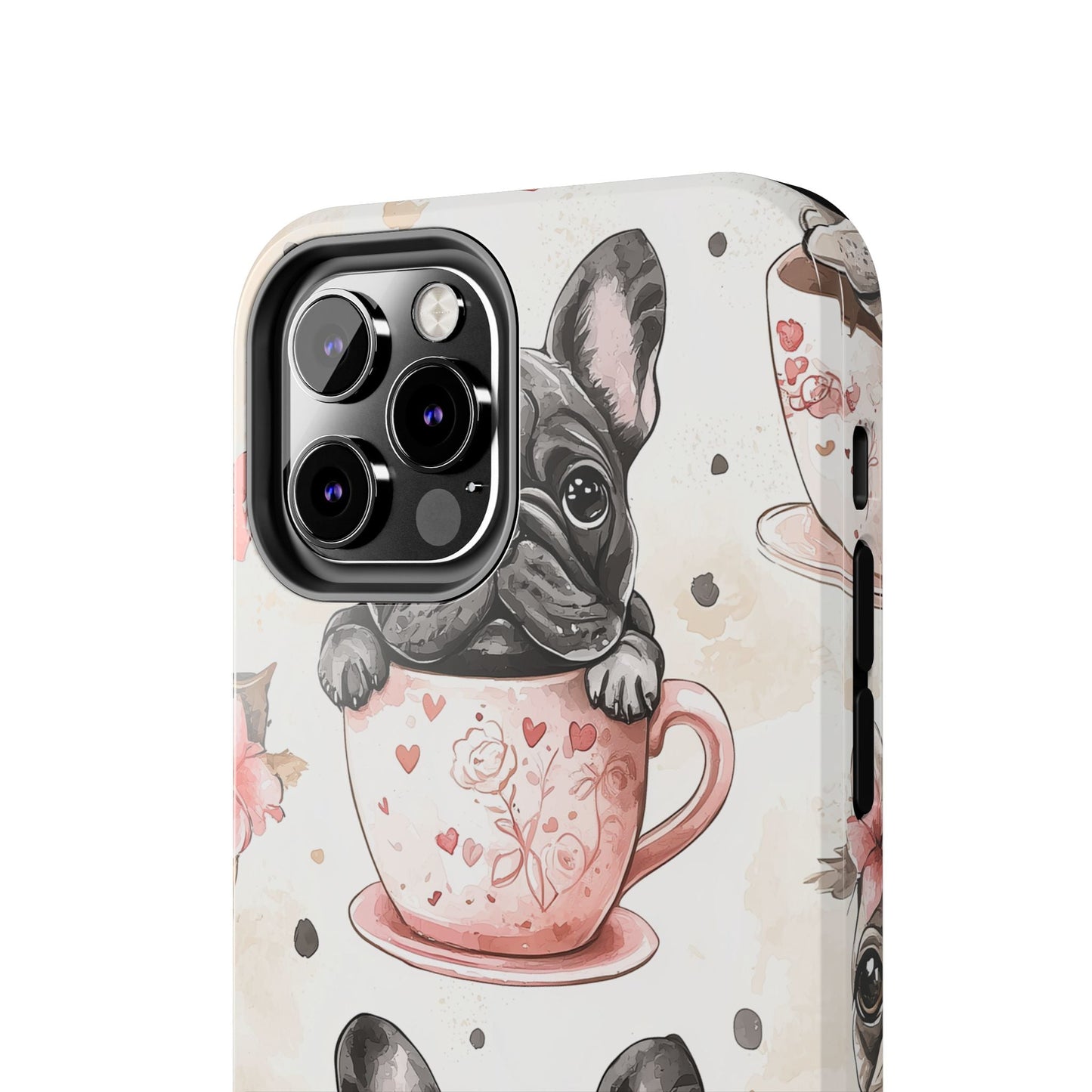 French Bulldogs in Teacups iPhone Case – Cute Dog Design with Hearts & Bows, Shockproof & Slim - BOGO Cases