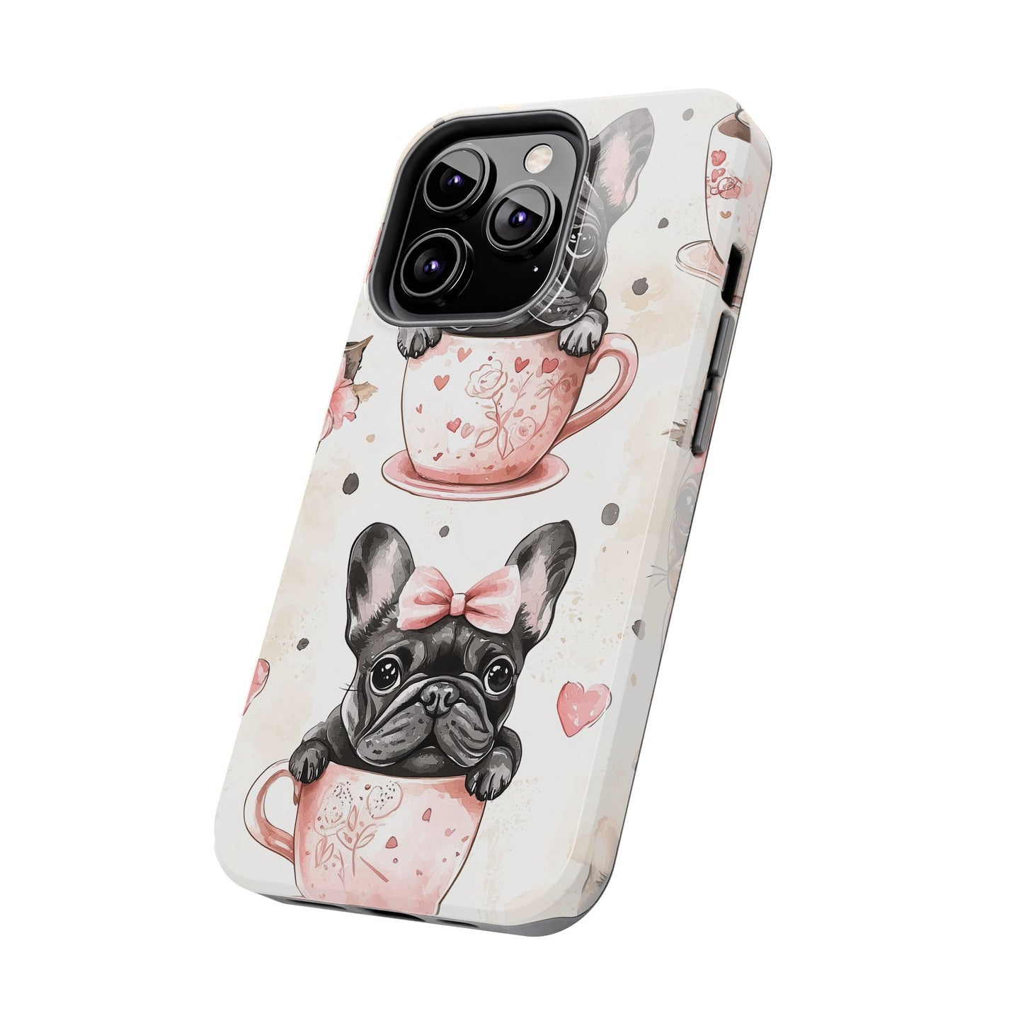 French Bulldogs in Teacups iPhone Case – Cute Dog Design with Hearts & Bows, Shockproof & Slim - BOGO Cases