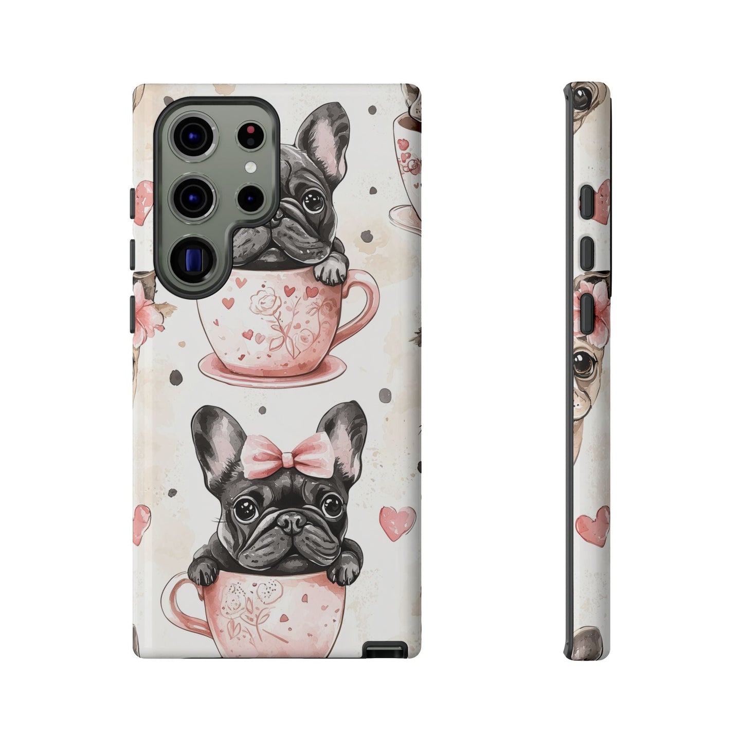 French Bulldogs in Teacups Samsung Galaxy Case – Cute Dog Design with Hearts & Bows, Shockproof & Slim - BOGO Cases