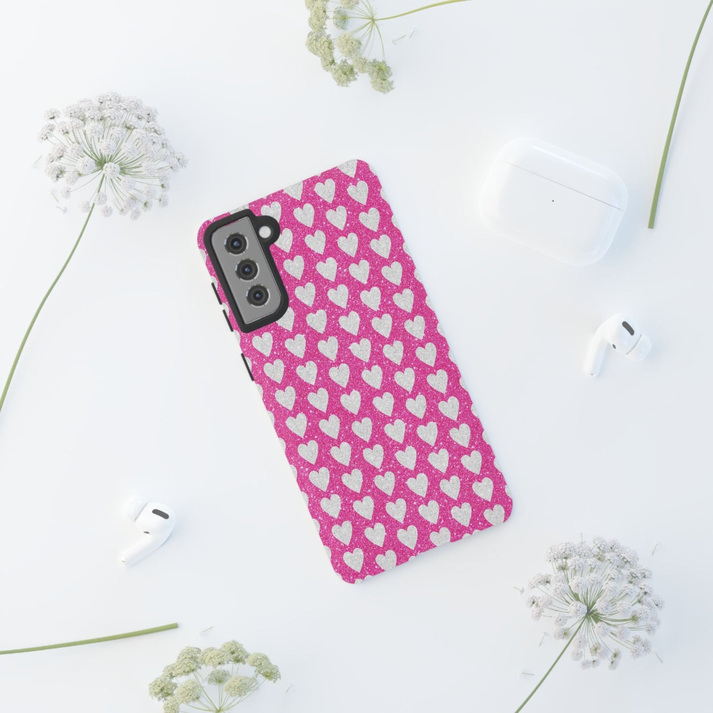 Glittery Pink and Silver Hearts - Samsung Galaxy Case - BOGO Cases