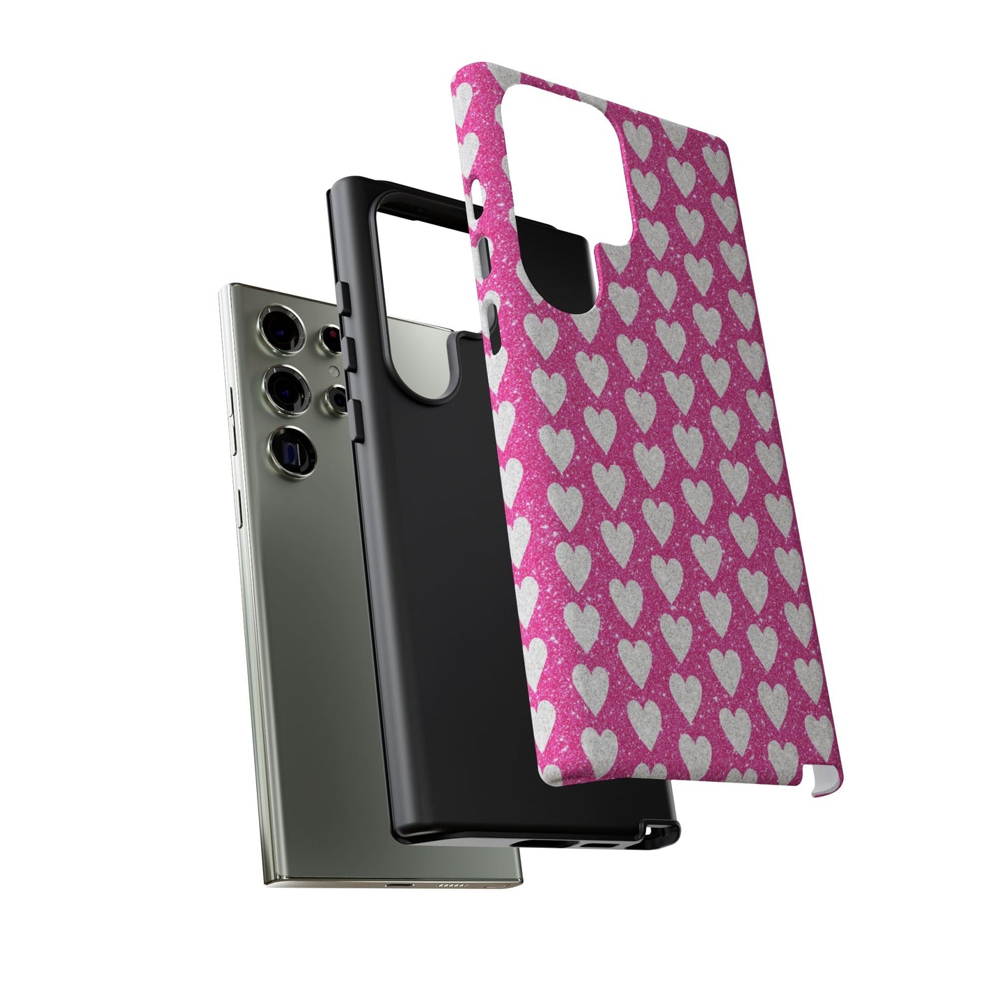 Glittery Pink and Silver Hearts - Samsung Galaxy Case - BOGO Cases