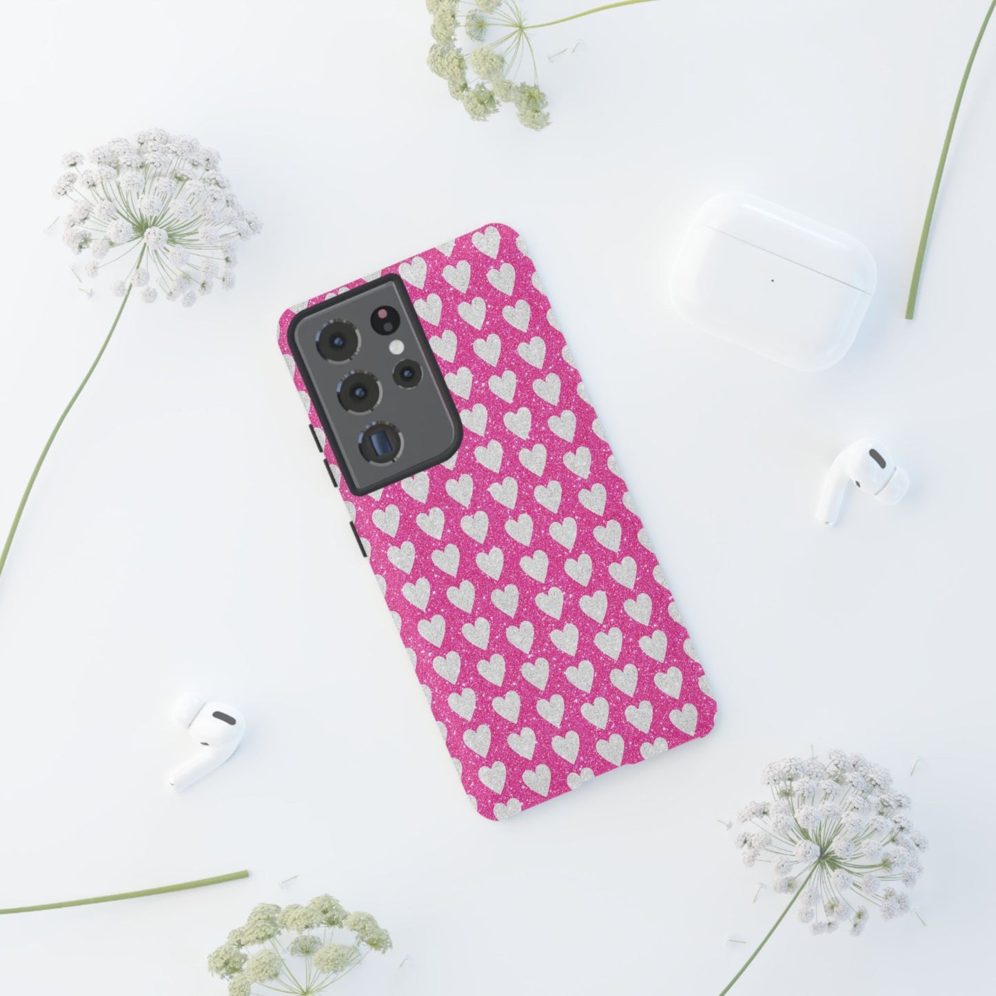 Glittery Pink and Silver Hearts - Samsung Galaxy Case - BOGO Cases