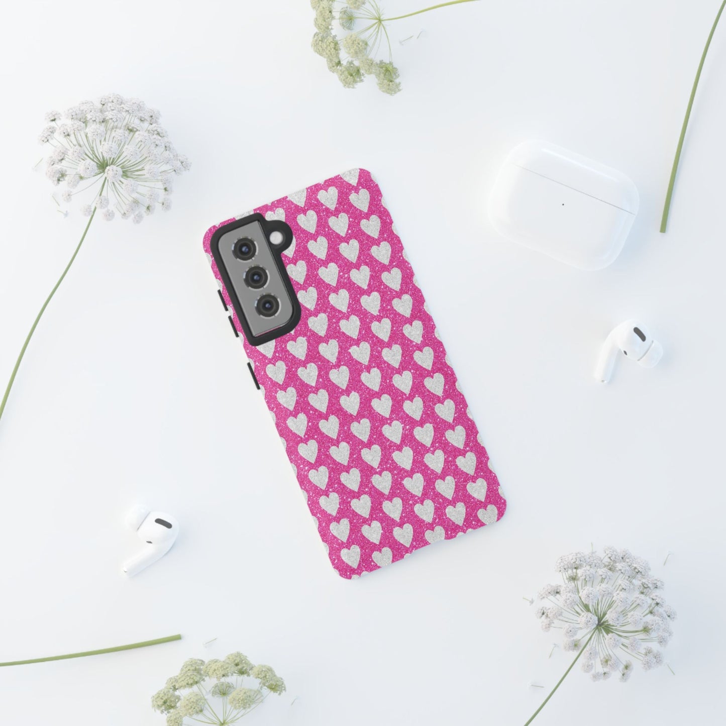 Glittery Pink and Silver Hearts - Samsung Galaxy Case - BOGO Cases