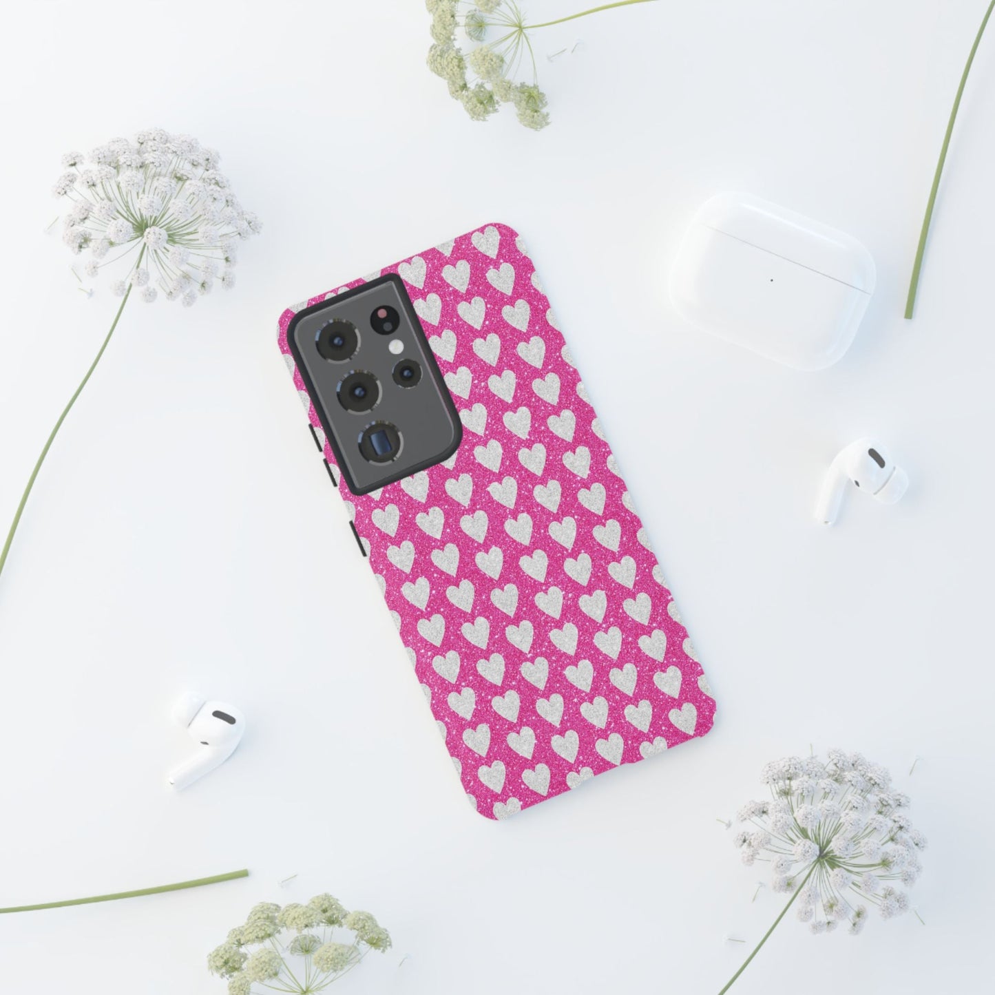 Glittery Pink and Silver Hearts - Samsung Galaxy Case - BOGO Cases