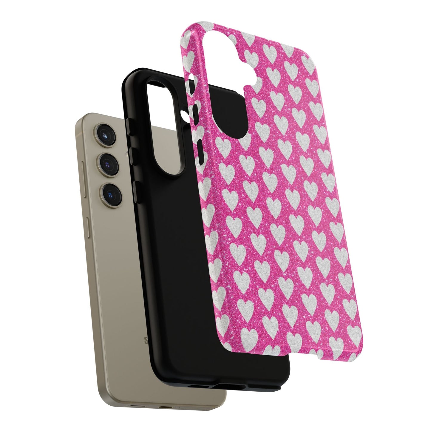 Glittery Pink and Silver Hearts - Samsung Galaxy Case - BOGO Cases