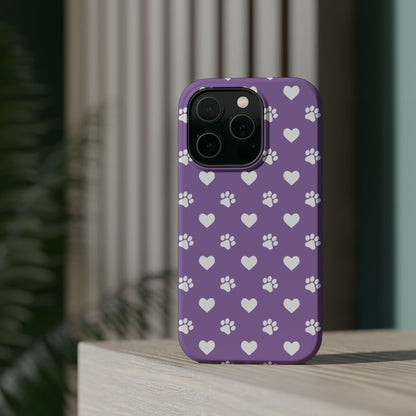 Lavender Paw Prints & Hearts Design - Adorable Pet Lover MagSafe iPhone Case - BOGO Cases