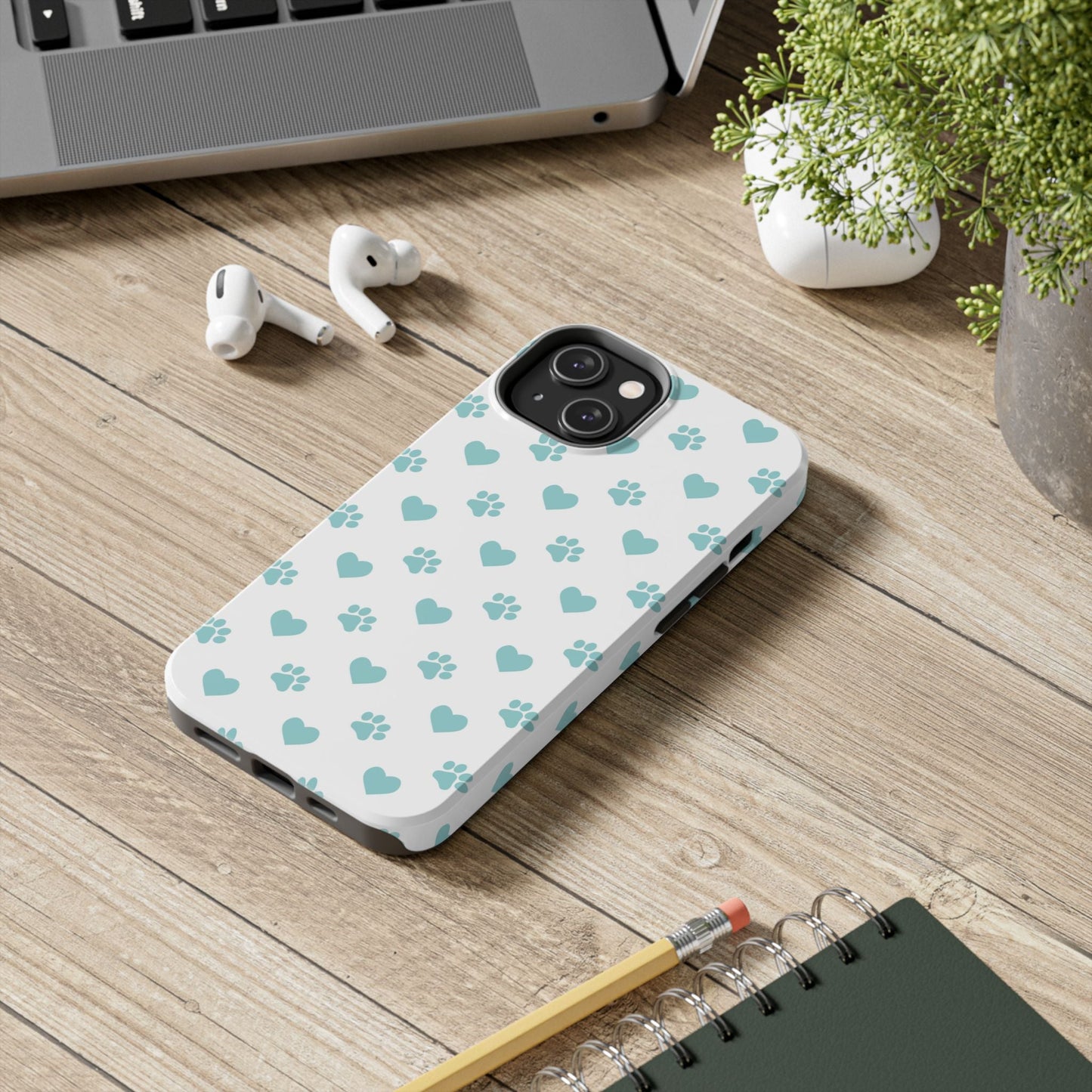Mint Green Paw Print & Heart iPhone Case – Stylish Pet Lover’s Essential - BOGO Cases