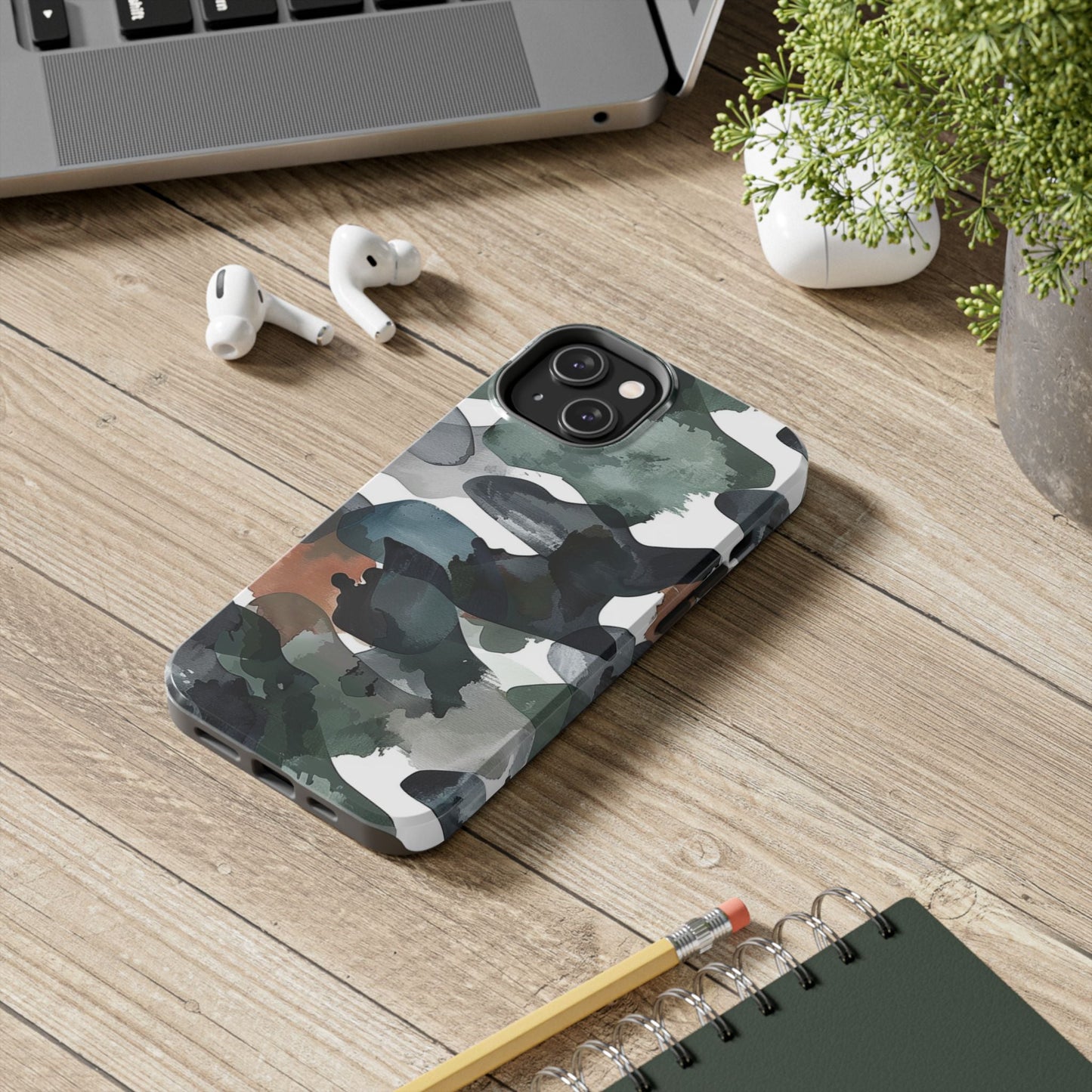 Moody Abstract Watercolor iPhone Case – Earthy Green and Charcoal Design - BOGO Cases