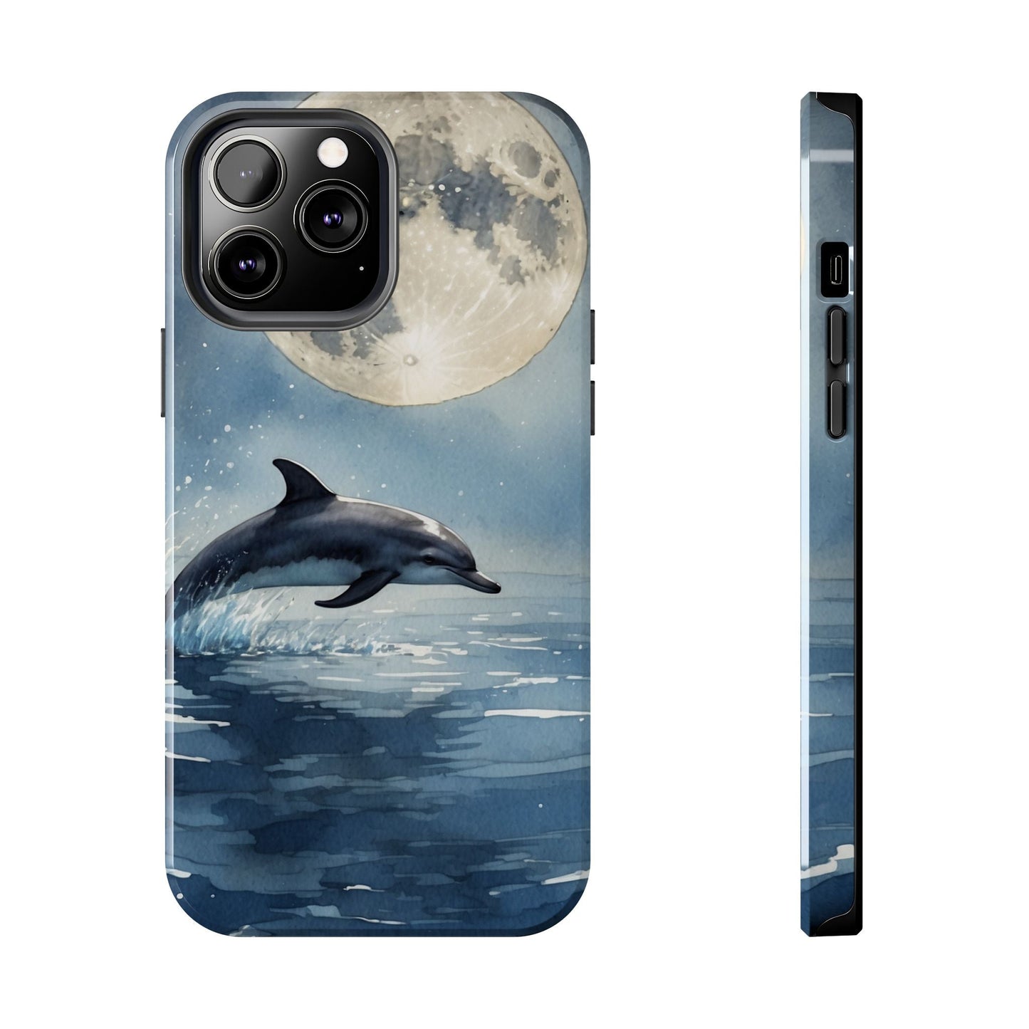 Moonlight Dolphin Watercolor iPhone Case – Dreamy Ocean Night Design - BOGO Cases