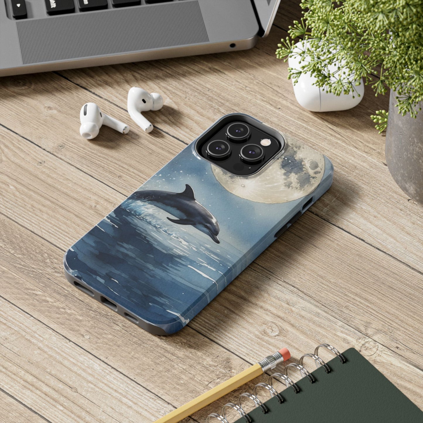 Moonlight Dolphin Watercolor iPhone Case – Dreamy Ocean Night Design - BOGO Cases