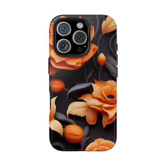 Orange Blossom iPhone Case – Bold Floral 3D Art on Black Background - BOGO Cases