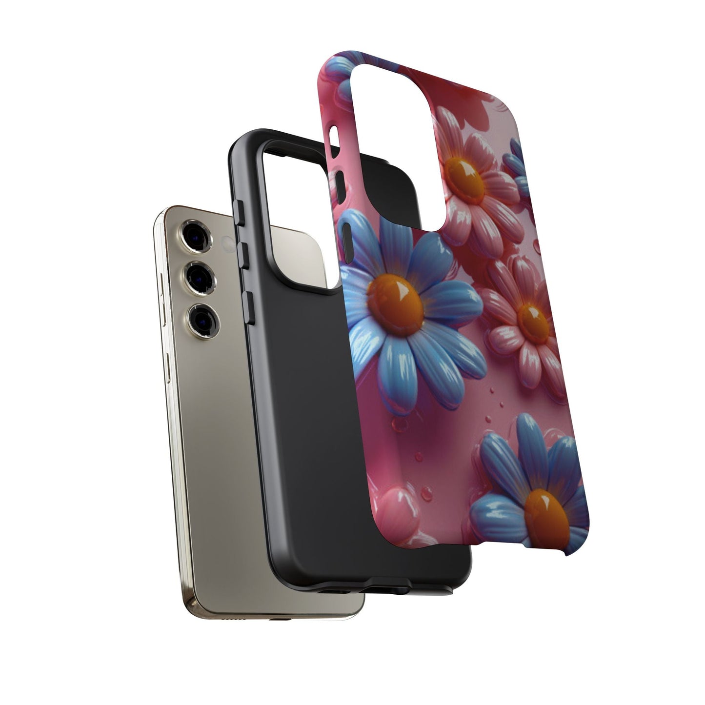 Pastel Daisy 3D Samsung Galaxy Case – Glossy Pink and Blue Floral Design, Full Protection - BOGO Cases