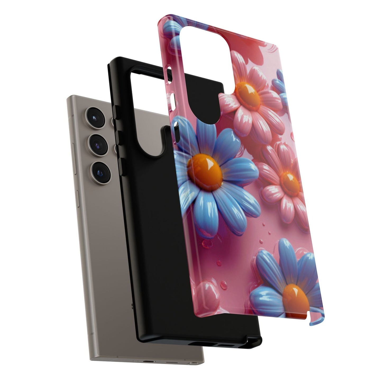 Pastel Daisy 3D Samsung Galaxy Case – Glossy Pink and Blue Floral Design, Full Protection - BOGO Cases