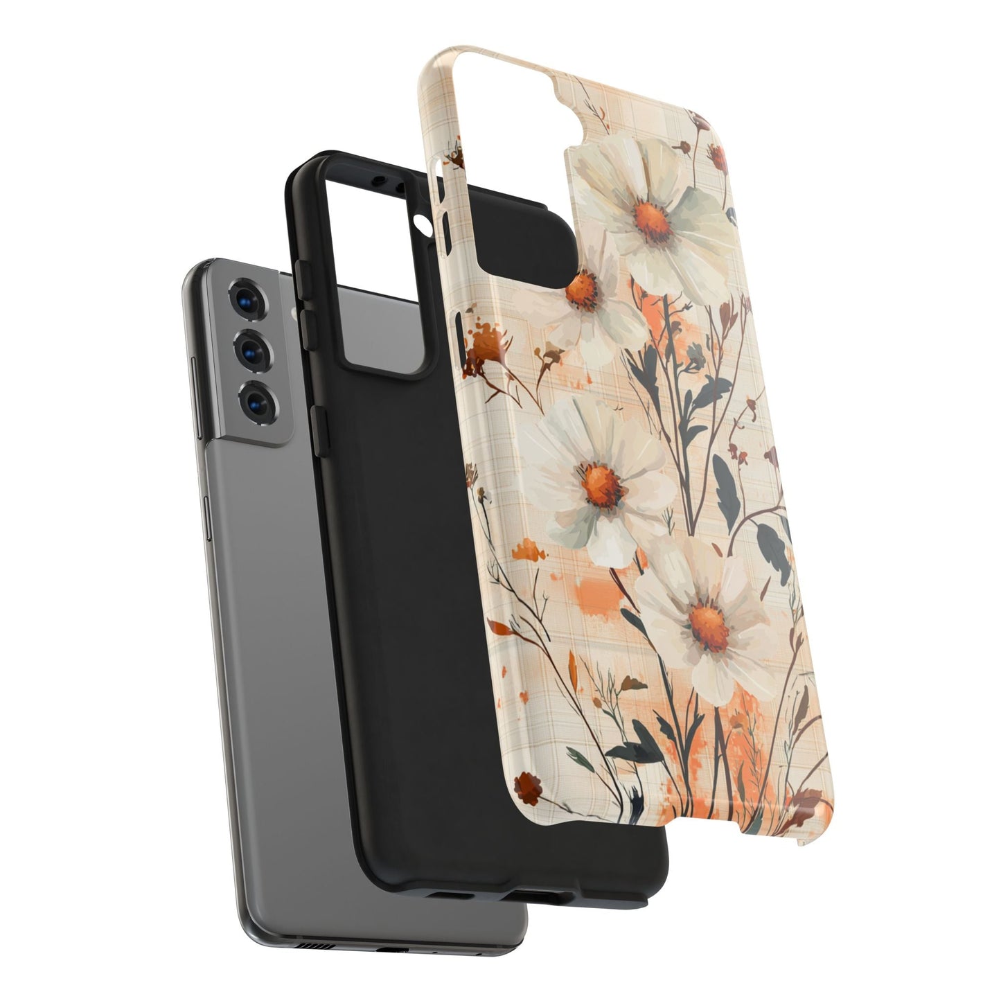 Pastel Orange Floral Samsung Galaxy Case - Elegant Plaid Protective Cover - BOGO Cases