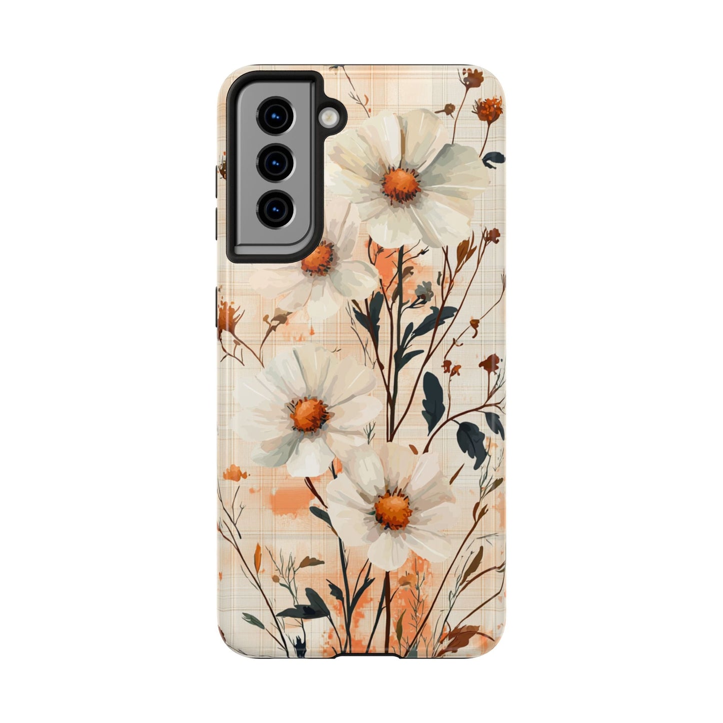 Pastel Orange Floral Samsung Galaxy Case - Elegant Plaid Protective Cover - BOGO Cases