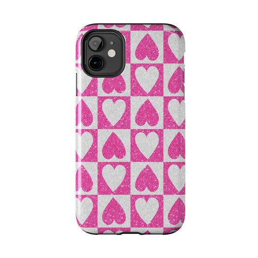 Pink Glitter Heart Checkered Pattern - iPhone Series Case - BOGO Cases