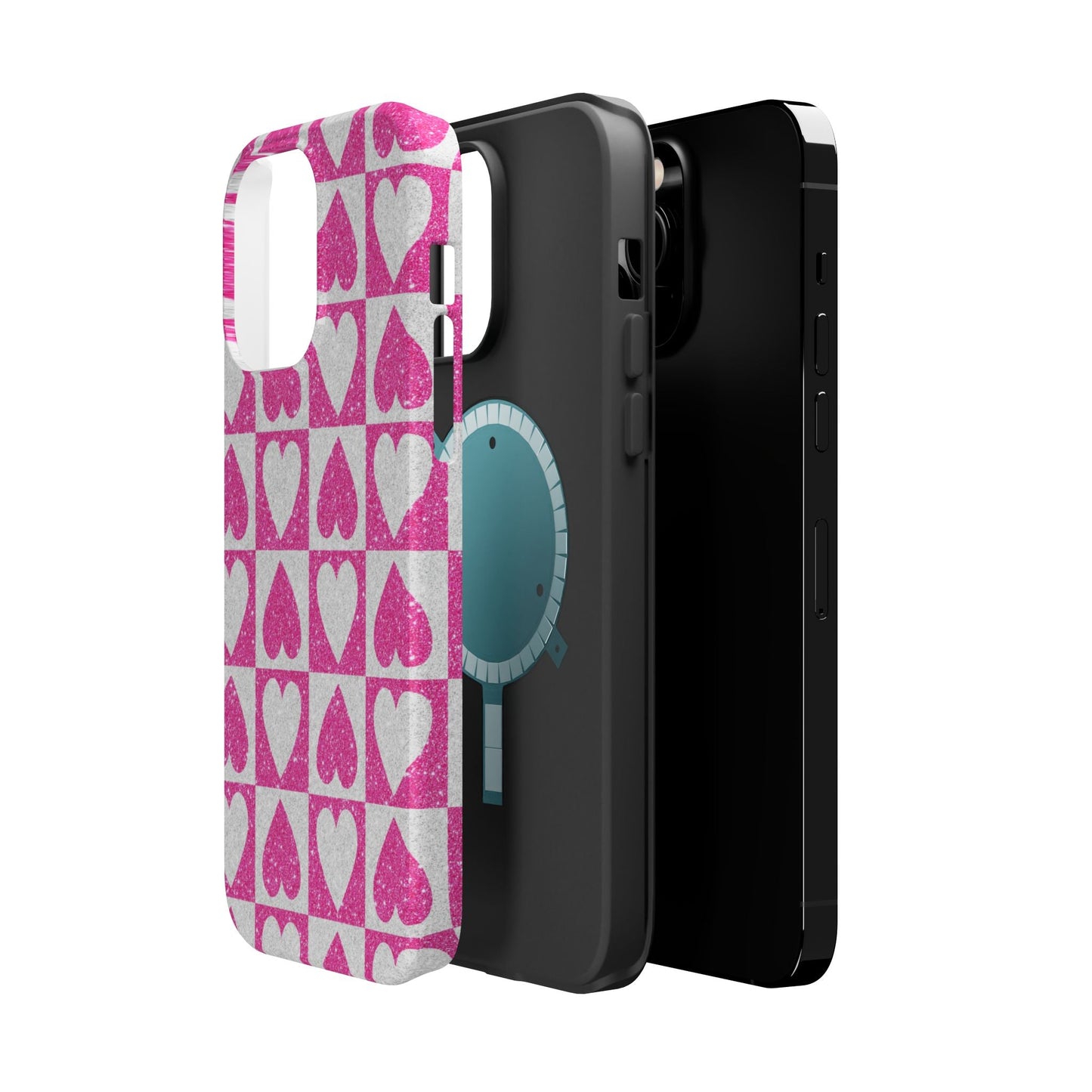 Pink Glitter Heart Checkered Pattern MagSafe Case - BOGO Cases