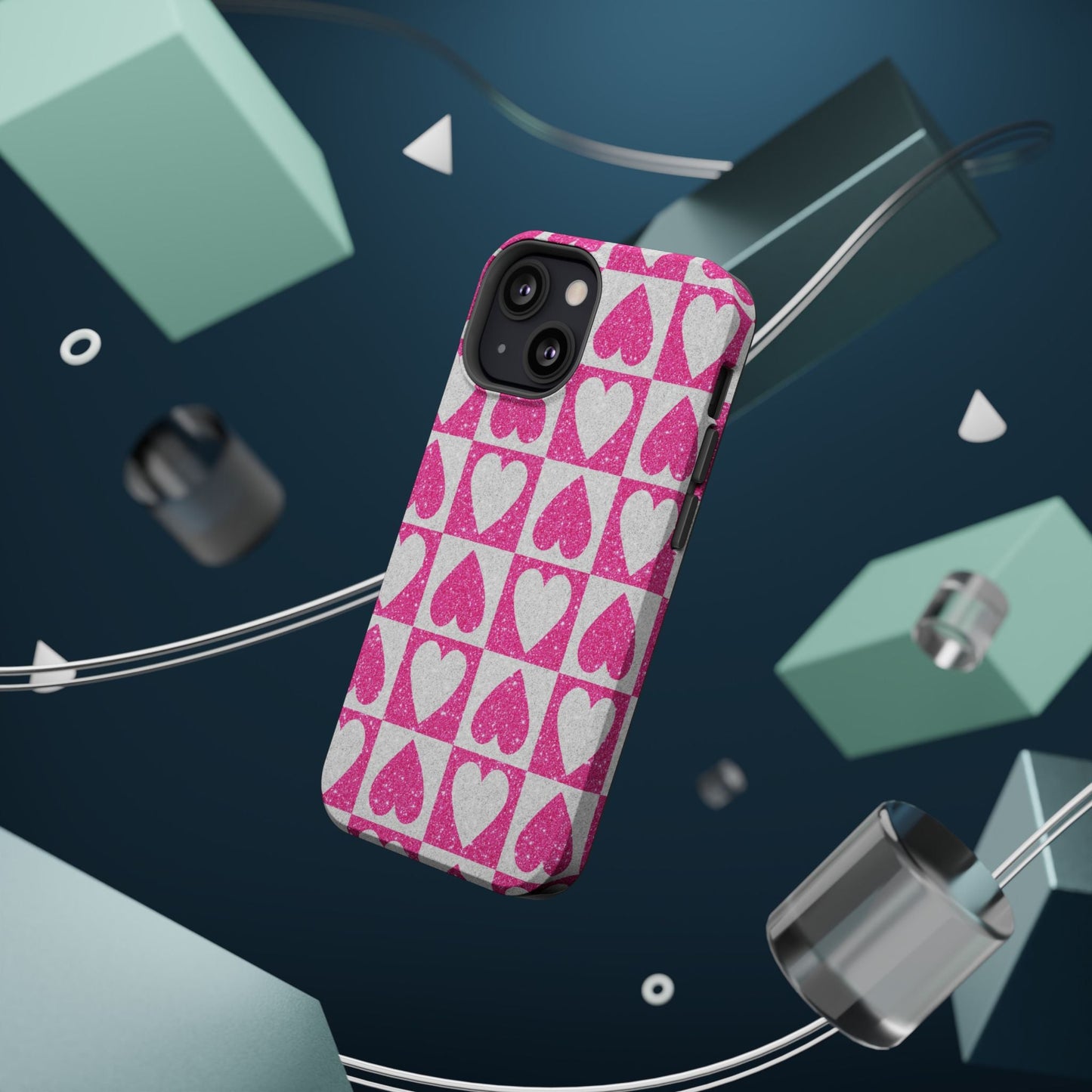 Pink Glitter Heart Checkered Pattern MagSafe Case - BOGO Cases