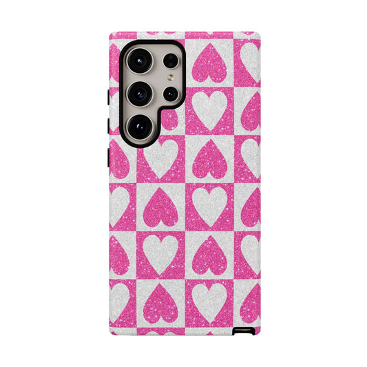 Pink Glitter Heart Checkered Pattern - Samsung Galaxy Case - BOGO Cases