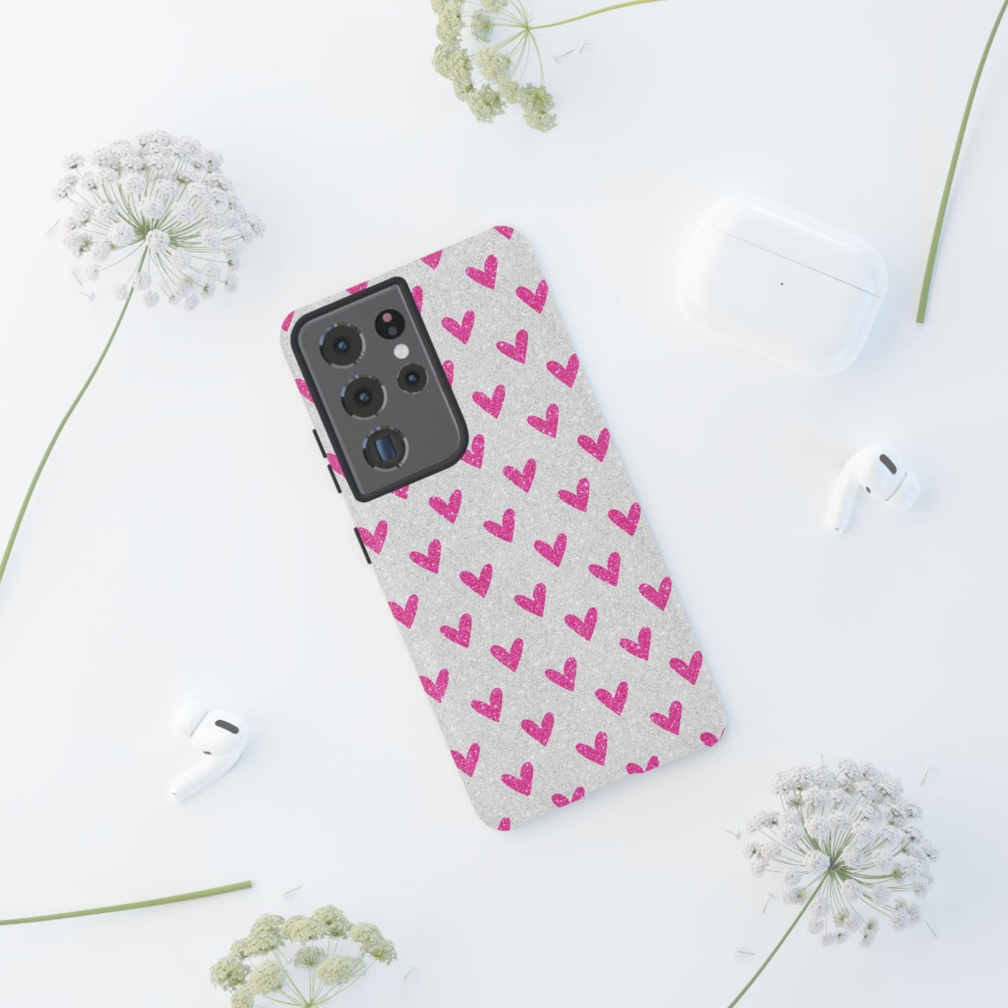 Pink Hearts on Glitter Silver – Samsung Galaxy Case - BOGO Cases