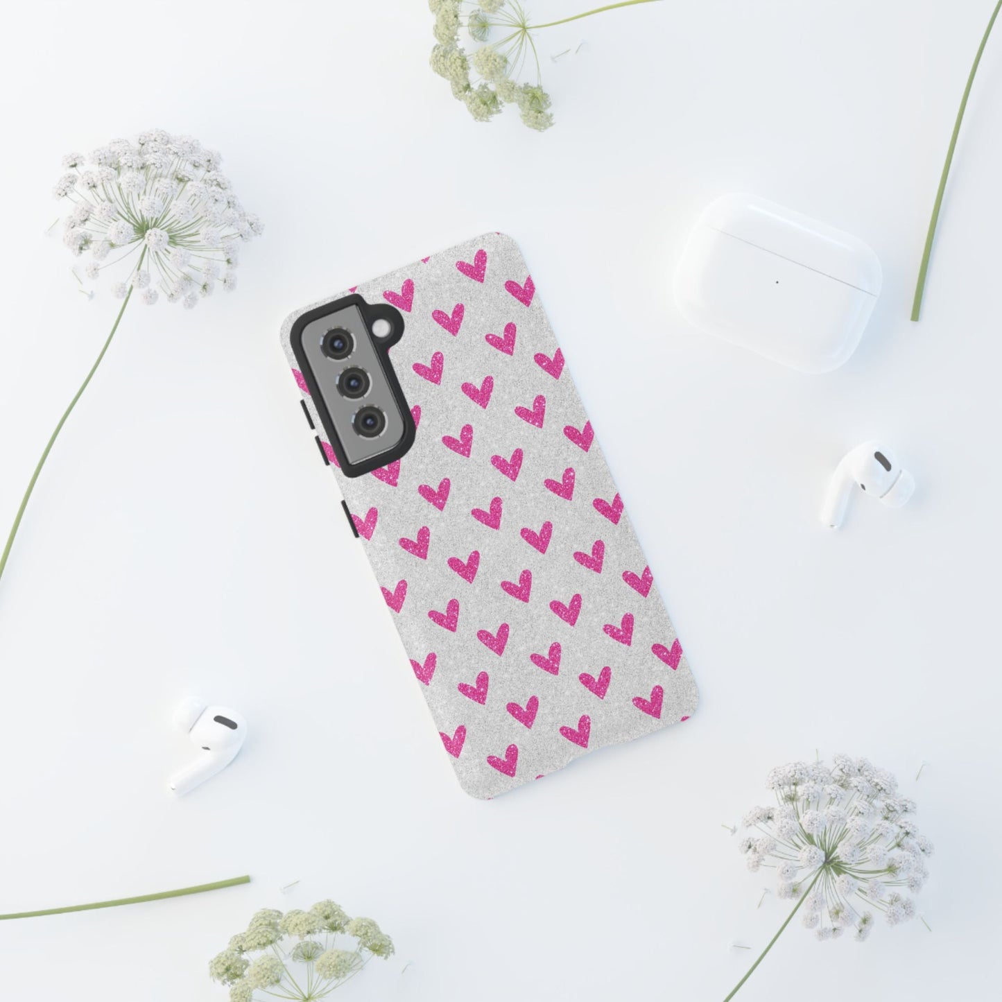 Pink Hearts on Glitter Silver – Samsung Galaxy Case - BOGO Cases
