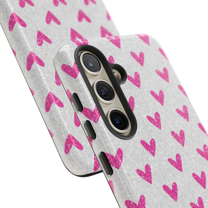 Pink Hearts on Glitter Silver – Samsung Galaxy Case - BOGO Cases