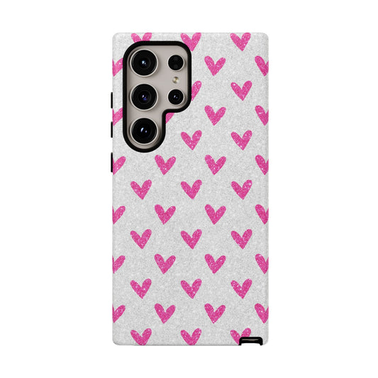 Pink Hearts on Glitter Silver – Samsung Galaxy Case - BOGO Cases