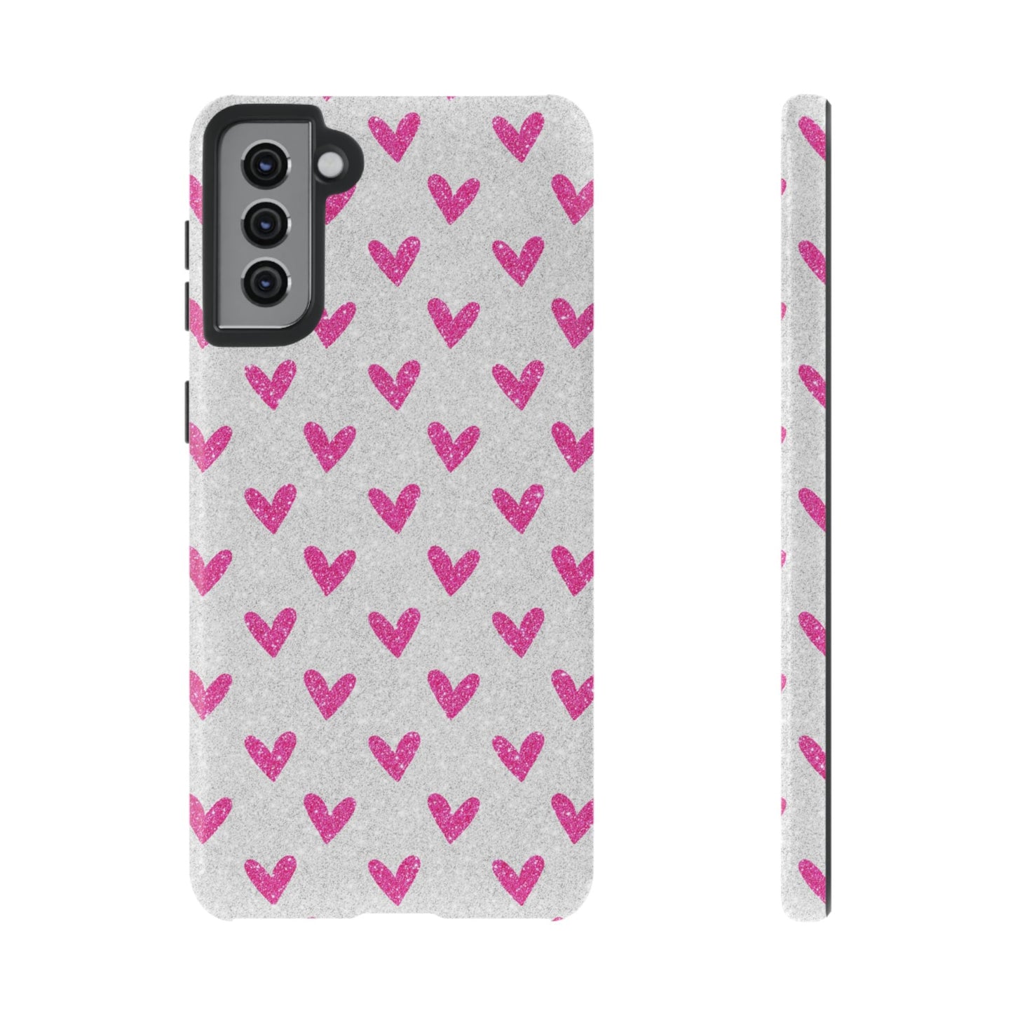Pink Hearts on Glitter Silver – Samsung Galaxy Case - BOGO Cases